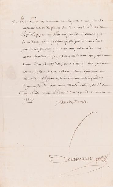 MARIE-THERESE DAUTRICHE Reine de France, épouse du roi Louis XIV, 1638-1683. Lettre...
