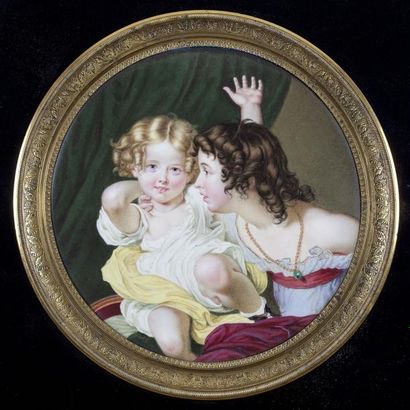 «Deux enfants» Miniature ronde sur porcelaine,...