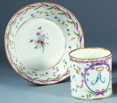 Dans le goût de SÈVRES Tasse litron et sa soucoupe en porcelaine à décor polychrome...