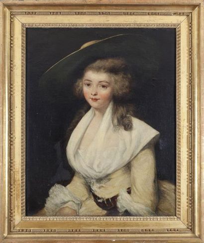 Ecole ANGLAISE du XIXe siècle, suiveur de John RUSSEL «Portrait de femme au chapeau»...