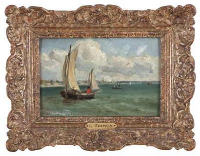 Constant TROYON (1810-1865) «Voilier en mer» Huile sur panneau. cachet de la vente...