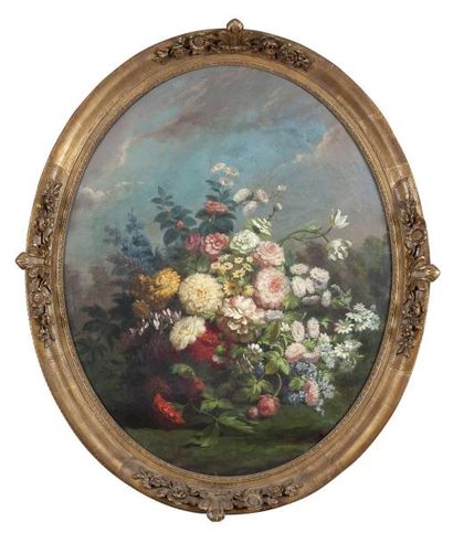 Paul BAUDRY (1828-1906) «Bouquet de fleurs», 1859 Deux huiles sur toile formant pendant...