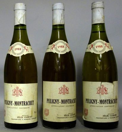 null 3 Bouteilles PULIGNY-MONTRACHET -FELIX CLERGET 1988 Etiquettes tachées. Labels...