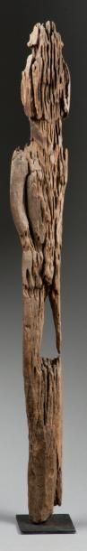 null Ancienne statue patung en bois dur de couleur brune (Bengkirai?), fortement...