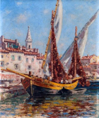 Auguste PEGURIER (1856-1936) Bateaux de pêche aux Martigues Toile signée en bas à...
