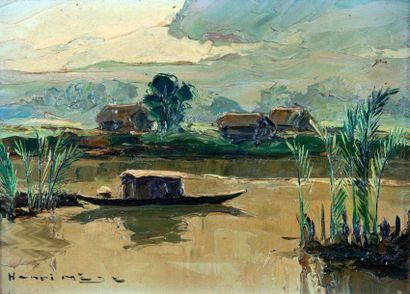 Henri MEGE (1909-1984) Soir à Tinh Do, environs de Saïgon, 1953 Huile sur isorel...
