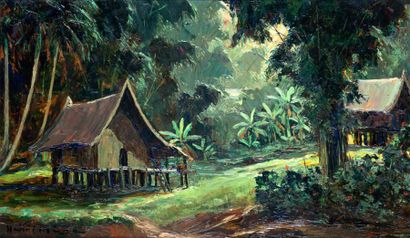 Henri MEGE (1909-1984) Habitations dans la forêt, Saïgon, 1952 Huile sur panneau...