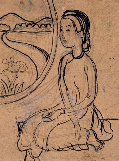 Attribué à MAI THU (1906-1980) Jeune femme assise devant une fenêtre. Encre et crayon...