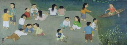 MAI THU (1906-1980) Enfants jouant en bord de rivière. Peinture sur soie signée en...