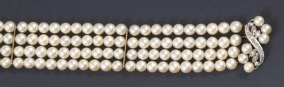null Bracelet en or gris orné de quatre rangs de perles de culture, le fermoir entièrement...