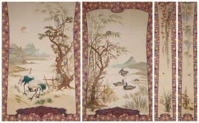 TRAVAIL FRANÇAIS vers 1900 Ensemble de quatre panneaux décoratifs en toile peinte...