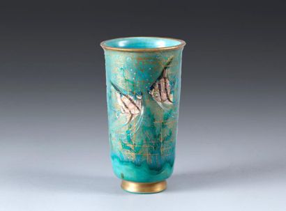 AUGUSTE HEILIGENSTEIN (1891-1976) Vase cylindrique sur talon à col évasé en céramique...