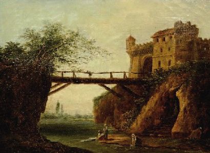 ATTRIBUÉ À HUBERT ROBERT.(1733 - 1808). Les lavandières près d'un château. Toile....