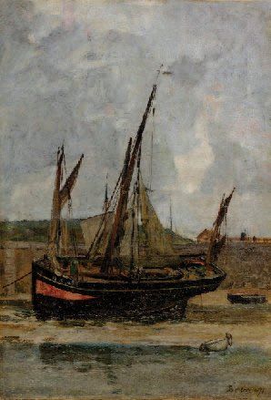 JEAN-BAPTISTE OLIVE (1848-1936) Bateau de pêche à marée basse. Huile sur panneau...