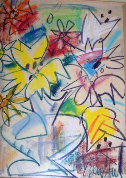 GEN PAUL. (1895-1975). Jardin, circa 1950. Pastel gras sur carton, oeuvre originale...