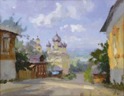 ANDREI KULAKOV. Né au XXe siècle. Paysage à l'église orthodoxe, 2007. Huile sur toile,...