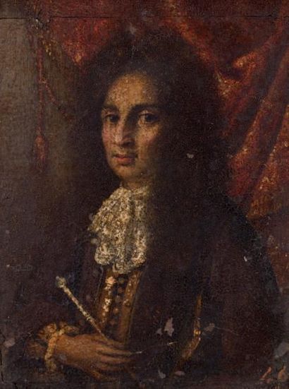 École ITALIENNE vers 1700 Portrait d'homme devant un rideau rouge. Cuivre monté sur...
