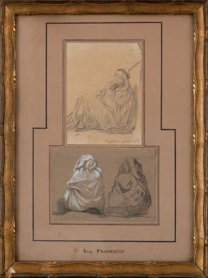 Eugène FROMENTIN (1820-1876) L'Aghmat guerrier assis et deux hommes assis. Deux dessins...