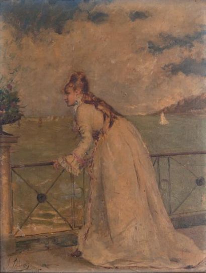 Joachim PALLARES ALLUSTANTE (1853-1935) Jeune femme regardant la mer, 1875. Huile...
