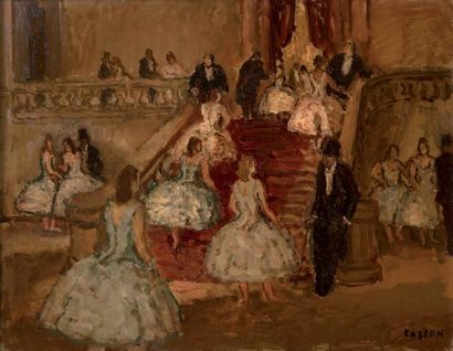 Marcel COSSON (1878-1956) Danseuses et homme en bas de l'escalier de l'Opéra. Huile...