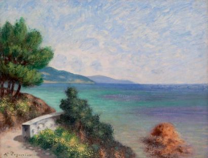 Auguste PEGURIER (1856-1936) «Paysage méditerranéen en bord de mer». Toile signée...