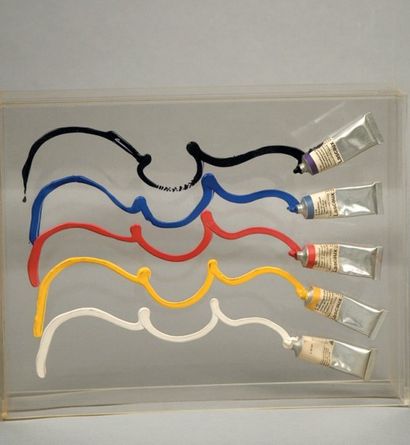 ARMAN (1928-2005) 5 tubes de peinture de différentes couleurs, avec coulure, fixés...