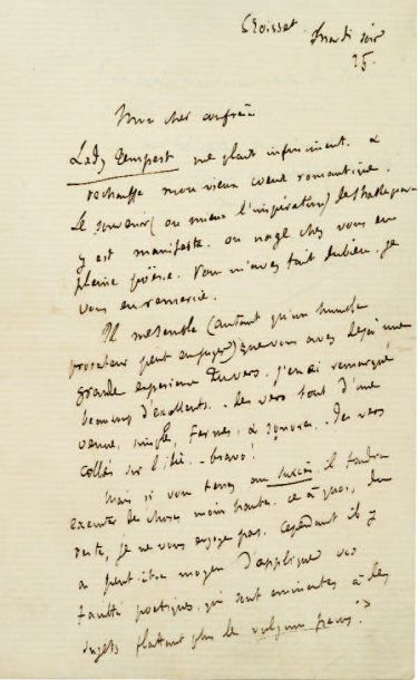 FLAUBERT GUSTAVE. Lettre autographe signée [à Maurice Montégut.] Croisset, mardi...