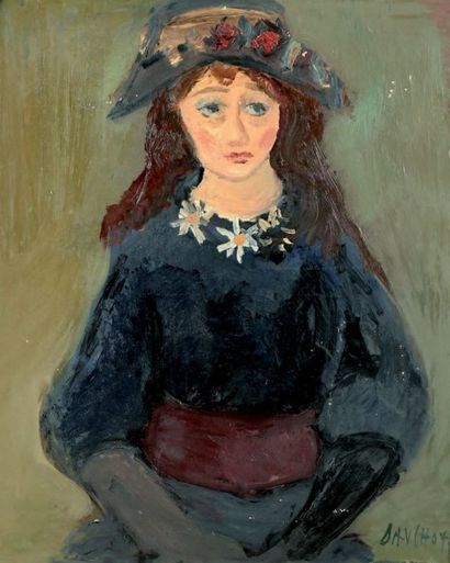 Gabriel DAUCHOT (1927-2005) Portrait de femme au chapeau fleuri. Toile signée en...