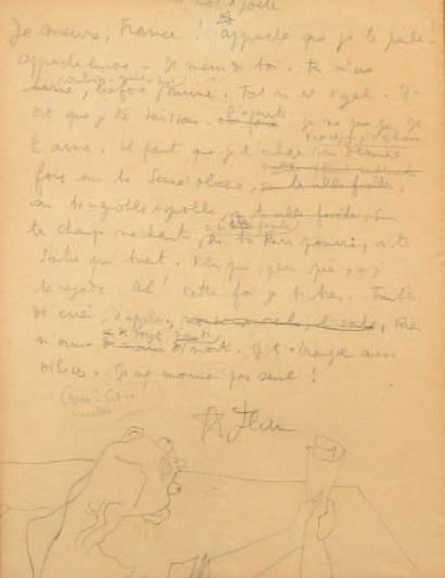 Jean COCTEAU (1889-1963) Lettre autographe avec dessin. Papier insolé. Dim.: 26×19cm....