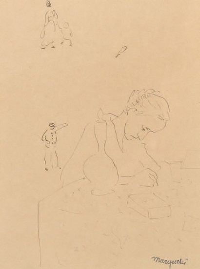 Albert Marquet (1875-1947) Étude de femme écrivant et personnages. Plume portant...