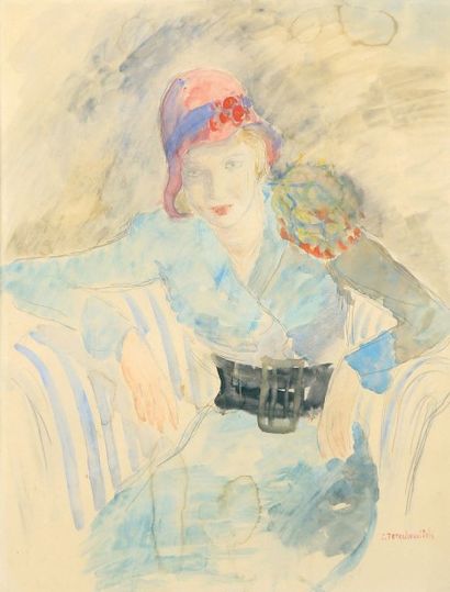 Constantin TERECHKOVITCH (1902-1978) Femme assise au chapeau cloche. Aquarelle signée...