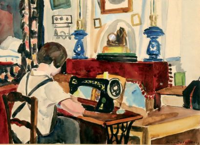 François DESNOYER (1894-1972) Femme devant sa machine à coudre, 1927. Aquarelle signée...