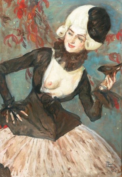 Jean-Gabriel DOMERGUE (1889-1962) Femme au bal masqué, 1916. Huile sur carton signé...