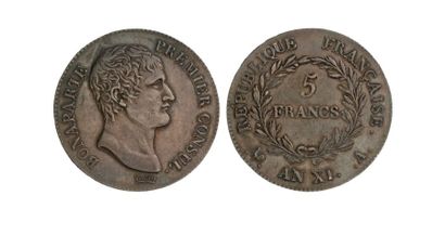 null CONSULAT (1799-1804). 5 francs Bonaparte, an XI (1802-1803) Paris. G 577. S...