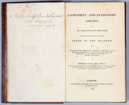 KING (Thomas) Lithotrity and lithotomy compared. London, Longman, 1832, in-8, XIV-[2]-320-[2]...