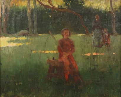 Jules ADLER (1865 - 1952) Femme et enfants dans un jardin. Huile sur panneau signée...