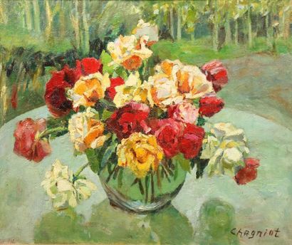 Alfred CHAGNIOT Bouquet de fleurs dans un vase. Huile sur toile signée en bas à droite....