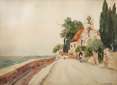 Louis DAUPHIN (1885 - 1926) Église en bord de mer. Aquarelle signée en bas à droite....
