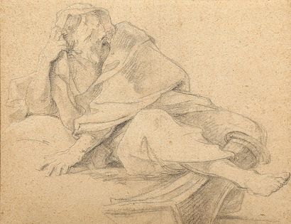 Charles NATOIRE (1700 - 1777) Étude d'homme à l'antique. Crayon noir et rehaut de...
