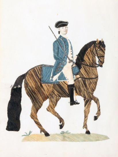 null Portrait de cavalier en tenue du régiment royal Picardie brodé sur vélin, la...