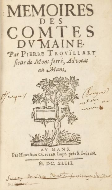 TROUILLART (Pierre) Mémoires des Comtes du Maine. 1 vol. in-12 de [22]-197-[1] relié...