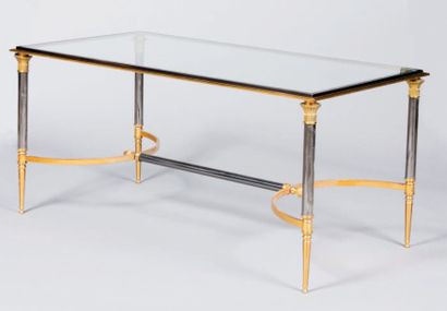 CHARLES Modèle DIRECTOIRE. Table basse rectangulaire en métal noirci, doré et bronze...