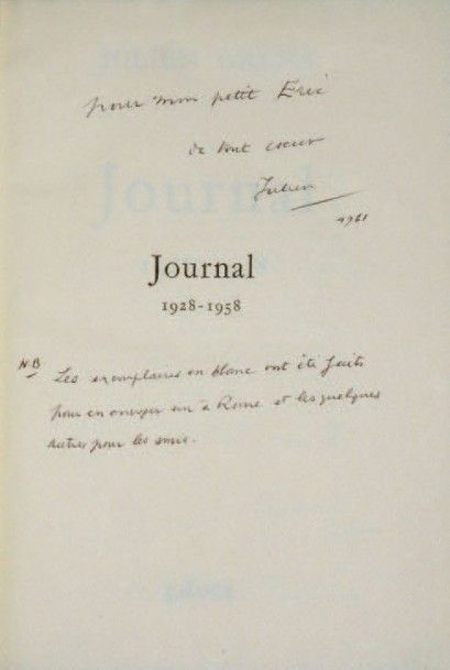 GREEN (Julien) Journal. 1928-1958. Paris, Plon, 1961. Fort in-8, reliure éditeur...