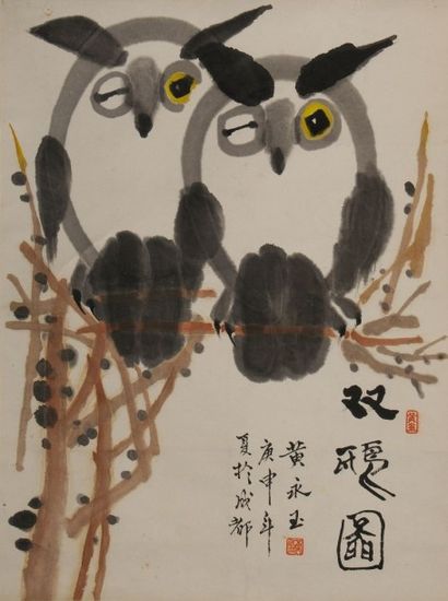 HUANG Yongyu (1924) " Deux hiboux ", Encre et couleurs sur papier, Dim. 66 x 50 cm....