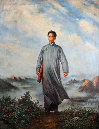 ANONYME " Le Pt Mao en route vers Anyuan ", Huile sur toile reprenant le célèbre...