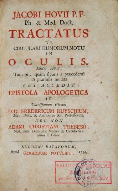 HOVIUS (Jacob) Tractatus de circulari humorum motu in oculis. Leyde, Gérard Potuliet,...