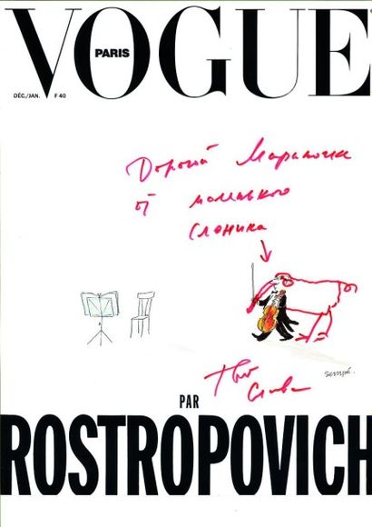 Mstislav ROSTROPOVITCH (1927-2007) Bel envoi illustré du musicien sur une maquette...