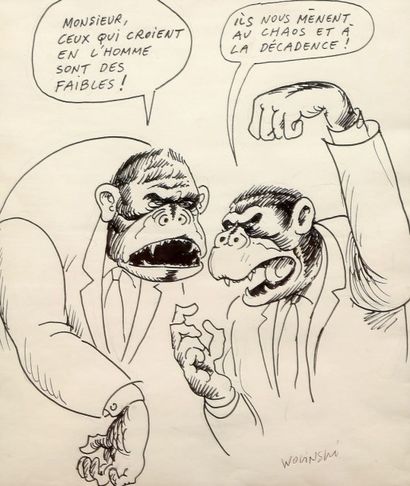 Georges WOLINSKI (1934-2015) "Les Singes". Feutre et crayon sur papier signé en bas...