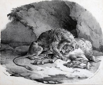 null Théodore GERICAULT ( 1791 - 1824) 

CHEVAL DEVORE PAR UN LION.

(Delteil 67)...