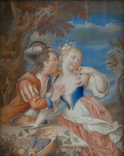 null *Ecole française du XVIIIème siècle,

"Couple galant"

Deux gouaches sur vélin.

16,...